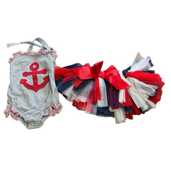 Southern Smocked Swimsuit & Patriotic Tutu 12-18M  Nautical Anchor 4th of July - Picture 7 of 16
